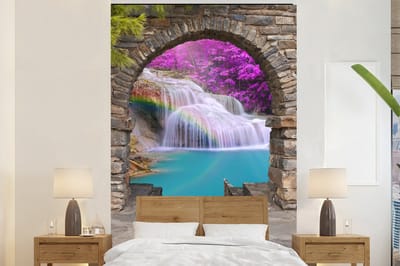 Behang - Fotobehang Bloemen - Regenboog - Waterval - Doorkijk - Breedte 195 cm x hoogte 300 cm