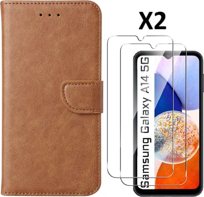 Hoesje Geschikt Voor Samsung Galaxy A14 5G /4G Hoesje met Pasjeshouder - bookcase Portemonnee – Met 2x Screenprotector / gehard glas – Bruin