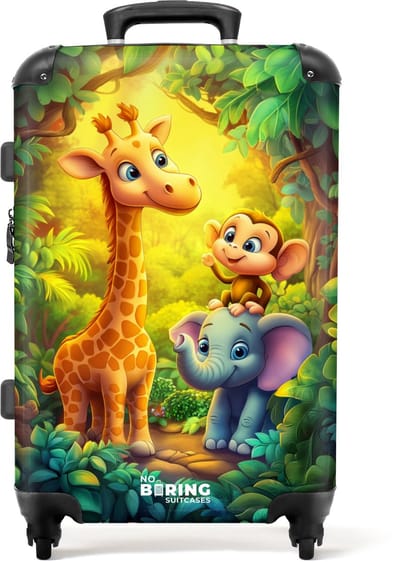 NoBoringSuitcases.com® - Kinderkoffer - Kindertrolley jongen en meisje - Giraf, olifant en aapje in het bos - Koffer kind groot - Rolkoffer lichtgewicht - Reiskoffer met 4 wielen - Grote trolley XL - 20 kg bagage