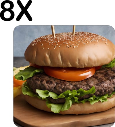 Luxe Placemat - Geserveerde Hamburger op Houten Plank - Set van 8 Placemats - 50x50 cm - 2 mm dik Vinyl - Anti Slip - Afneembaar