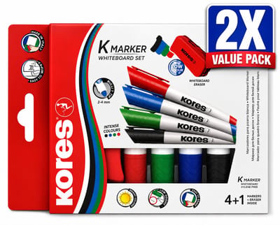 Kores Whiteboard Markers Set van 4 Kleuren met Bordwisser - Voordeelverpakking van 2 Etuis (8 Stiften + 2 Bordwissers) - Ronde Punt 3 mm - Uitwisbaar voor Whiteboard