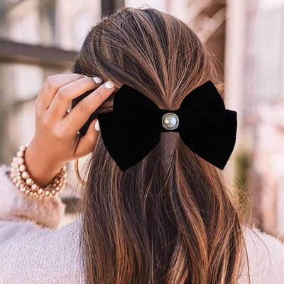 Dailygoods - Satijnen Fluwelen Strik Haar Bars Zwart Grote Strik Haar Clip Korte Staart Strik Haar Accessoires Grote Fluwelen Strik Knoop Haarclip Winter Strik Franse Bar