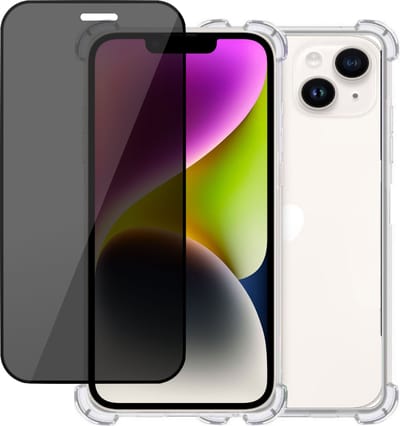 Hoesje geschikt voor iPhone 14 + Privé Screenprotector - Privacy Tempered Glass - Case Transparant