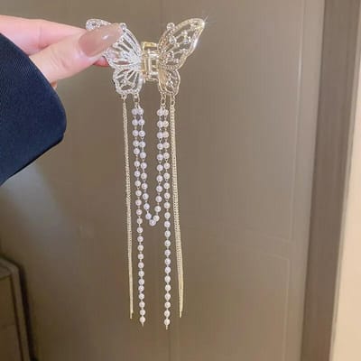Geavanceerde Vlindernaald, Lange Strass Kwastjes Haarclip voor Vrouwen aan de Achterkant van het Hoofd, Temperament Half Vastgebonden Haar Hoofddeksel Haarclip goud