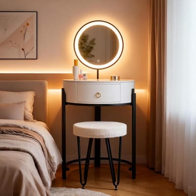 Luxe Kaptafel met LED Verlichting, Spiegel en Kruk - Make-up Tafel met Laden - Modern Design (Wit)