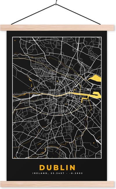 Posterhanger incl. Poster 40x60 cm - Schoolplaat - Dublin - Goud - Plattegrond - Stadskaart - Kaart - Textielposter - Blanke latten - Stadskaart