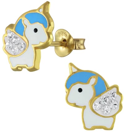 Joy|S - Zilveren baby eenhoorn oorbellen - 8 x 10 mm - unicorn - kristal wit gold plated