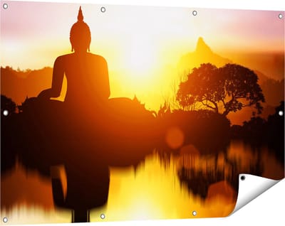 Gards Tuinposter Silhouet van Boeddha Beeld met Zonsondergang - 120x80 cm - Tuindoek - Tuindecoratie - Wanddecoratie buiten - Tuinschilderij
