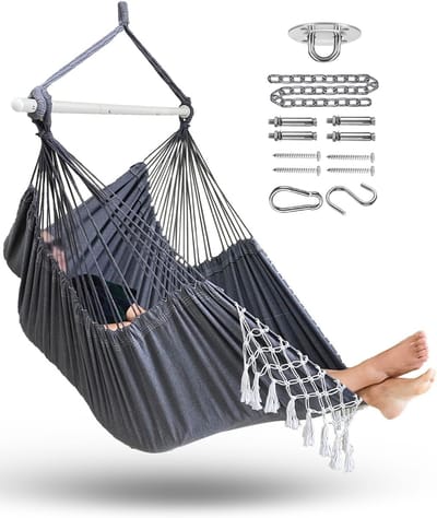 Hangmat Stoel - Schommelstoel Macramé - Ontspannen Buiten - XXL Grote Capaciteit - 160x119 cm - Grijs