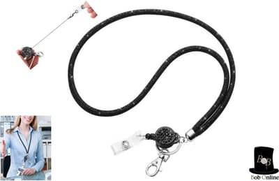 Bob Online ™ - 1 Stuk – Zwart – Strass Uittrekbare Lanyard – ID-Badgehouder Nek Koord – Sleutelhanger – Bling Lanyard en Sleutelhanger in-1 – Rhinestone Retractable Lanyard for ID-Badge Holder – Kantoorbenodigdheden – JoJo Lanyard – Yoyo Lanyard