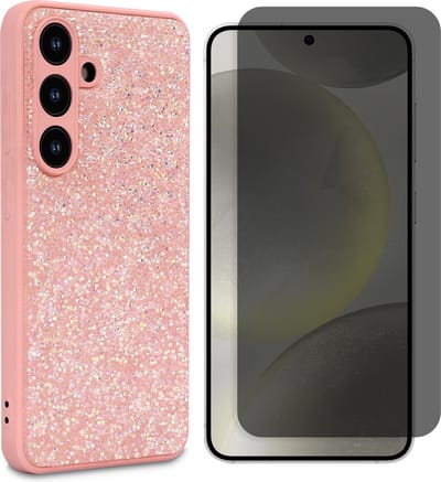 Casemania Hoesje & Privacy Glas Geschikt voor Samsung Galaxy S25 - Roze - Diamant Glitter Back Cover & Glazen Screenprotector