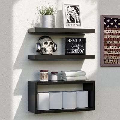 Set van 3 Zwarte Drijvende Planken - Rustieke Wandplanken voor Badkamer, Woonkamer en Keuken met Onzichtbare Beugels