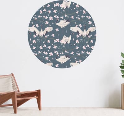 Muurcirkel zelfklevend behang - Kraanvogels met magnolia's - Wanddecoratie - 080cm behangcirkel - Ronde sticker voor aan de muur - Behangsticker verkrijgbaar in verschillende formaten