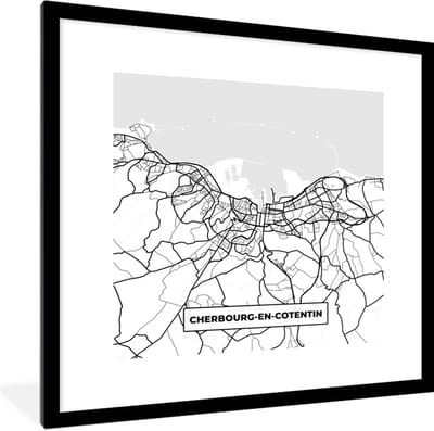 Fotolijst incl. Poster Zwart Wit- Frankrijk - Plattegrond - Cherbourg-en-Cotentin - Stadskaart - Kaart - Zwart wit - 40x40 cm - Posterlijst