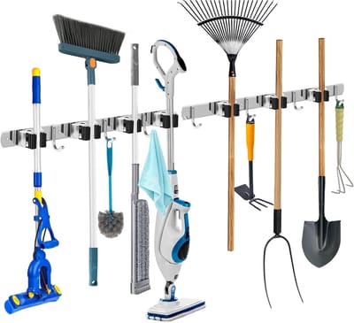 Famanu - Bezemhouder Wand 2 Stuks Gereedschapshouder Haaklijst Bezemhouder Tuingereedschap Houder Tuingereedschap 7 Houders en 7 Haken