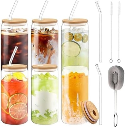 PromoHome 6-delige set glazen drinkbekers met deksel en rietjes - 500 ml per stuk