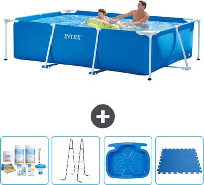 Intex Rechthoekig Frame Zwembad - 260 x 160 x 65 cm - Blauw - Inclusief Onderhoudspakket - Ladder - Voetenbad - Vloertegels - 5-delig