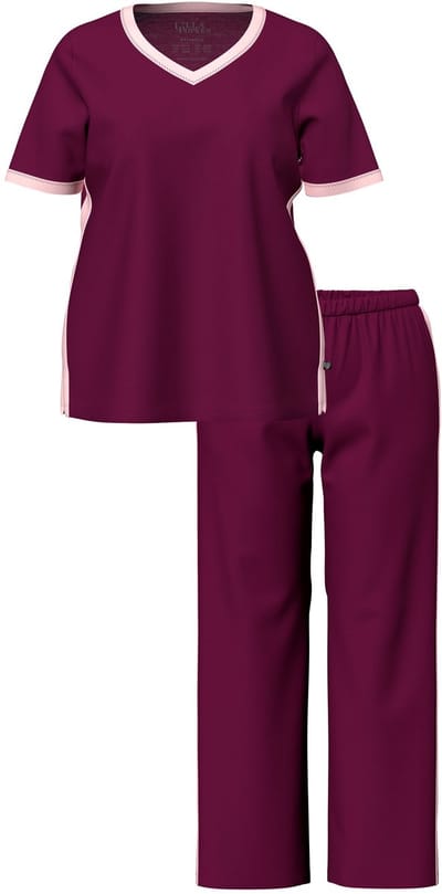 Ulla Popken - Dames - Pyjama zijstrepen V-hals korte mouwen - Donker bes - Maat 42+