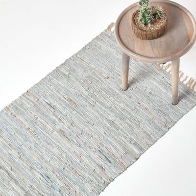 Homescapes Glitter leren tapijt zilver-natuur 66x200 cm, loper van gerecycled leer