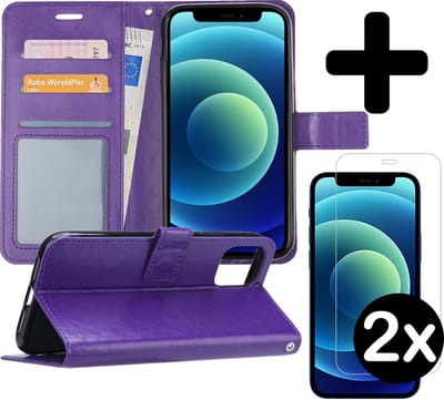 Hoesje - Met 2x Screenprotector - Geschikt voor Apple iPhone 12 - Luxe Pasjeshouder - Flip Case - Bookcase Portemonee - Kunstleer Book Case - Flipcase Hoes - Book Cover - Walletcase - Portemonneehoes - Telefoonhoes - Paars