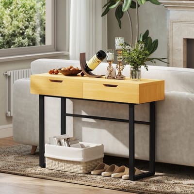 MODFU Consoletafel - 2 Lades - Minimalistisch - Voor Hal Of Achter Bank - Hout En Metaal - Naturel