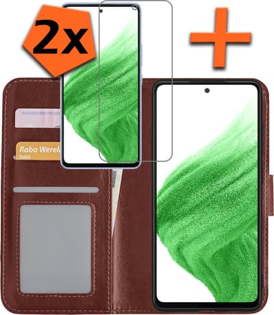 Hoes - Met 2x Screenprotector - Geschikt voor Samsung Galaxy A53 - Luxe Pasjeshouder - Bookcase Portemonee - Flip Case - Kunstleer Book Case - Flipcase Hoes - Book Cover - Walletcase - PortemonneeHoes - Bruin