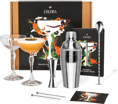 Cocora Mocktail Pakket - 9-delige RVS Cocktail Set - Cocktailshaker - Martini Glazen - Mocktails Boek met alcoholvrije cocktails recepten (Pornstar, Espresso Martini) - Zilver