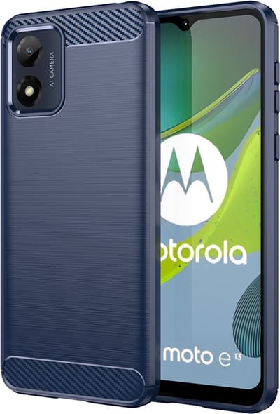 MobyDefend Hoesje - Geschikt voor Motorola Moto E13 - TPU Backcover - Geborstelde Metaal & Carbon-Look - Blauw