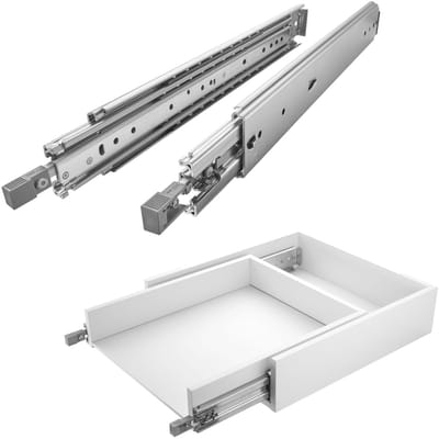 1 paar SOTECH VarioSlide KV2-200-H76-L500-EH zware ladegeleiders, 508 mm, met lock-in/out-functie, grijs. Zware, volledig uittrekbare ladegeleiders, belastbaar tot 200 kg.