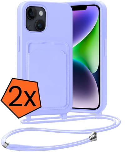 Hoesje Geschikt voor iPhone 14 Plus Hoesje Met Telefoonketting Pasjeshouder Case Koord - Hoesje Geschikt voor iPhone 14 Plus Hoes Met Kaarthouder - Lila - 2 PACK