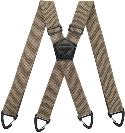 Deze herenbretels hebben een X-vormig ontwerp met vier haken en een verstelbare elastische tailleband. Khaki