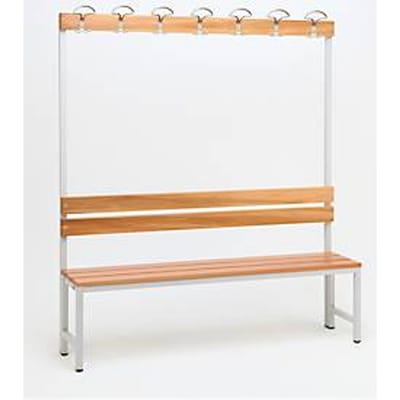 Zitbank voor kleedkamers  -  L 1500 x D 300 x H 1700 mm - met achterwand en 7 hakenrek