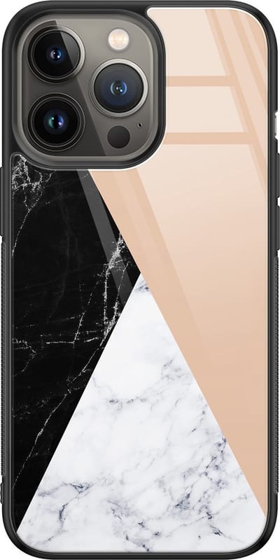 Hoesje geschikt voor iPhone 13 Pro Max - Marmer zwart bruin - Luxe Glazen Hardcase - Marmer - Zwart, Bruin - Leuke Telefoonhoesjes