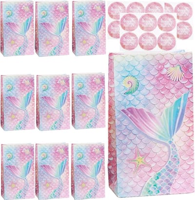 15 Stuks Zeemeermin Cadeautasjes met Stickers - Kleurige Papieren Tassen voor Verjaardagen, Feestjes en Snoepjes voor Meisjes