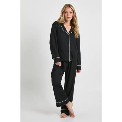 boohoo Dames Petite Jersey met pijpdetail, langarmig shirt & broek pyjamaset | Zwart | Maat: 34