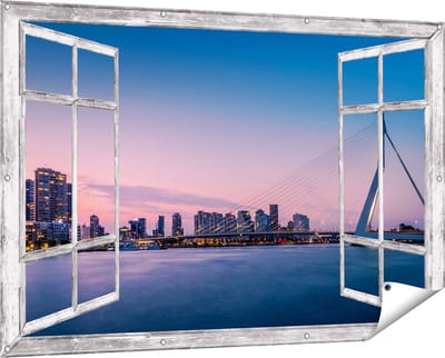 Gards Tuinposter Doorkijk Erasmusbrug in Rotterdam met Zonsondergang - 150x100 cm - Tuindoek - Tuindecoratie - Wanddecoratie buiten - Tuinschilderij