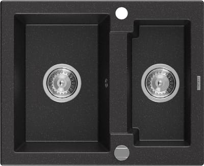 Mexen Carlos granieten gootsteen 1,5-komorowy 582 x 475 , zwart/zilver metallic, sifon chroom - 6518581500-73