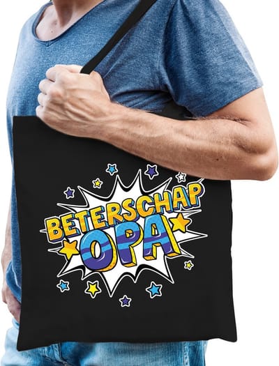 Beterschap opa katoenen cadeau tas zwart voor heren - kado / tasje / shopper