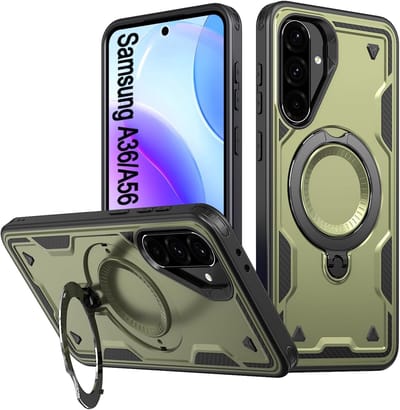 Magsafe Hoesje Geschikt voor Samsung Galaxy A56 / Galaxy A36 Hoesje Olijfgroen - Armor Hoesje met Met Draaibare Ring Houder
