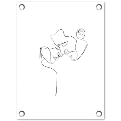 Tuinposter 30x40 cm - Tuindecoratie Abstracte line art van een koppel die de hoofden bij elkaar houdt - Poster voor in de tuin - Buiten decoratie - Schutting tuinschilderij - Tuindoek muurdecoratie - Wanddecoratie balkondoek