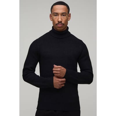 Geribbelde Coltrui Gebreide Trui Met Muscle Fit | Black | Size XS