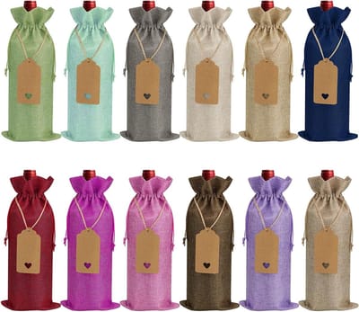 Jute en Canvas Wijnfles Tas met Trekkoord, Duurzame Wijnverpakking voor Cadeaus en Feestjes