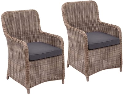 Set van 2 poly rotan stoelen MCW-E98, rotan tuinstoel rieten stoel, gesponnen poly halfronde rotan MVG beige kussens grijs