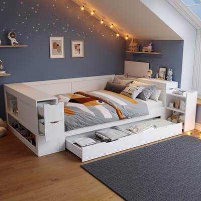 Kinderslaapbank, 90 x 200 cm, eenpersoonsbed, multifunctioneel kinderbed met lades, planken en opbergruimte, met nachtkastje, met opbergruimte, zonder matras, wit