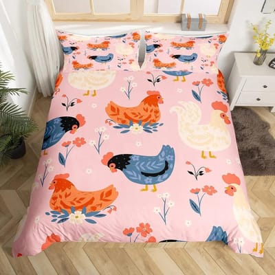Housse de Couette Poulet Mignon King Queen Coloré Coq Ensemble de Literie Animal de Ferme Housse de Couette Drôle Rustique Ferme Housse de Couette US Queen 228x228cm