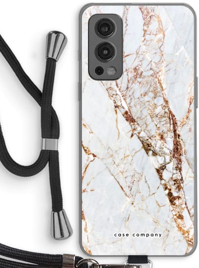 Case Company® - Hoesje met koord geschikt voor OnePlus Nord 2 5G hoesje met Koord - Goud marmer - Telefoonhoesje met Zwart Koord - Bescherming aan alle Kanten en Over de Schermrand