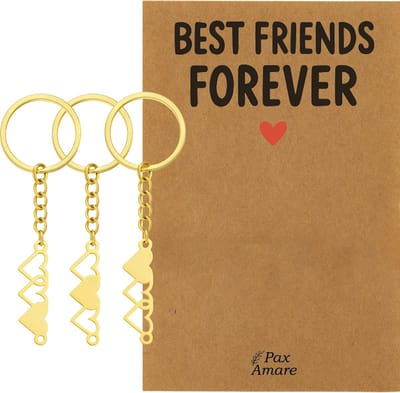 BFF Sleutelhanger voor 3 'Best Friends Forever' - Hartjes - Sleutelhanger set op Cadeau Kaartje - Goudkleurig - Vriendschap Symbool - Pax Amare