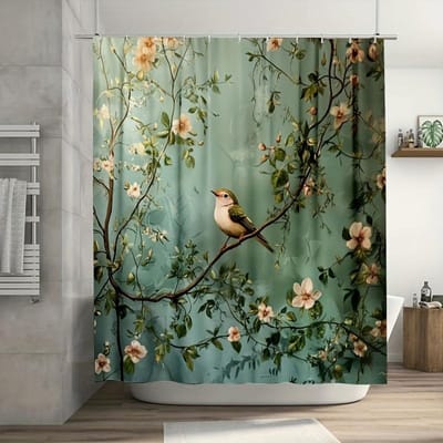 1 Stuk Op de Natuur Geïnspireerd Wildbloemen & Vogels Douchegordijn, Levendige Groene Ranken & Roze/Witte Bloemen, Moderne Badkamer Decoratie W60H190(CM)-1 Pcs gray