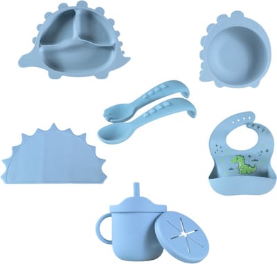 Sproudsy Serviesset Dino - Kinderservies - Kraamcadeau - Baby - 6-delig - Misty Blue