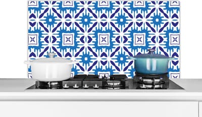 Spatscherm keuken 100x50 cm - Kookplaat achterwand Vector - Blauw - Tegels - Patronen - Muurbeschermer - Spatwand fornuis - Hoogwaardig aluminium